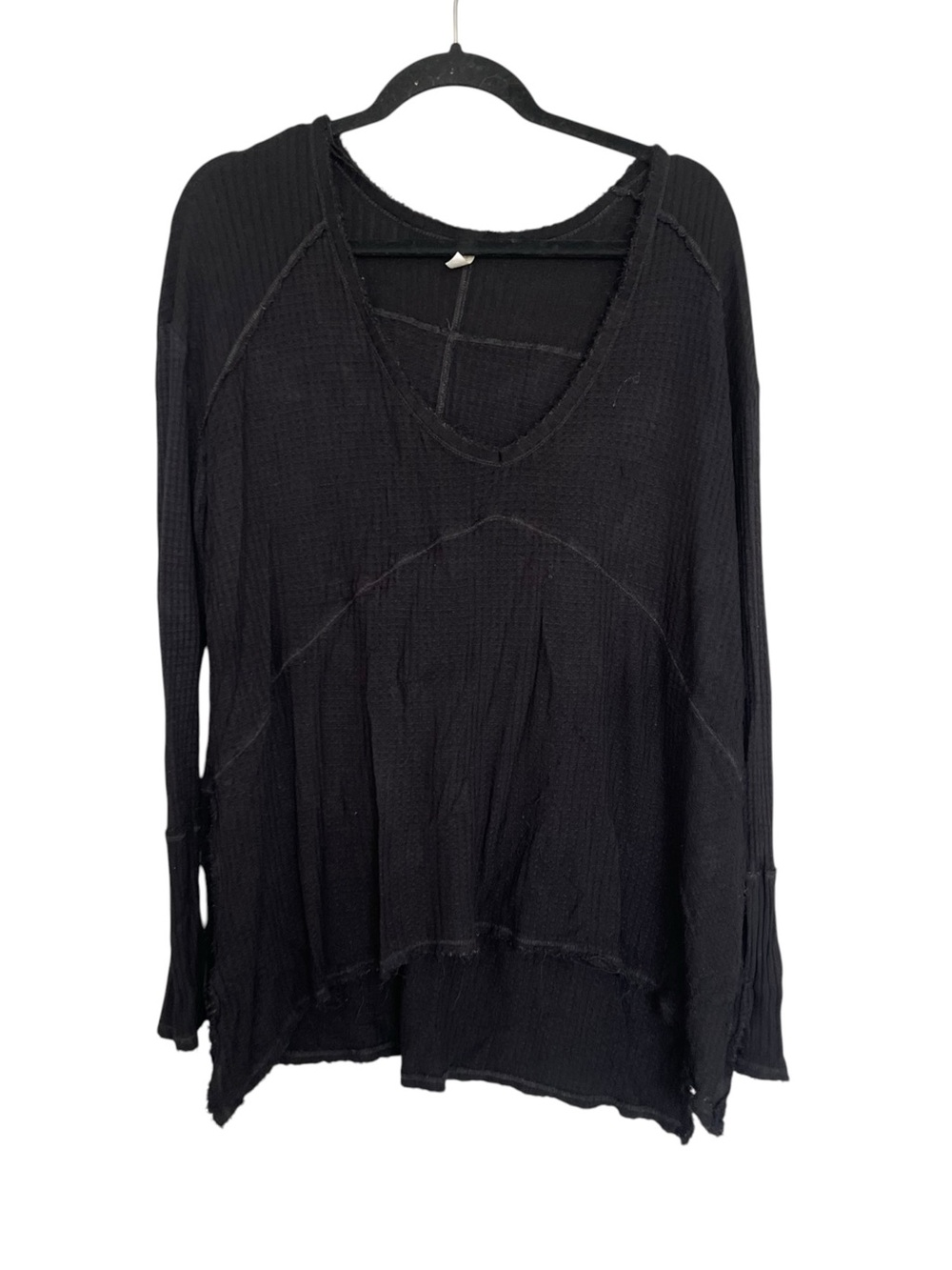 Free People Black Raw-Edge V-Neck Long Sleeve Top